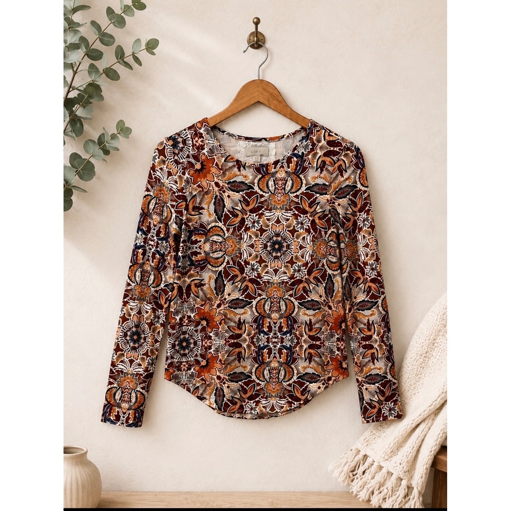 Cupio Earth Tone Floral Long Sleeve Top Size Small Boho Stretch Knit